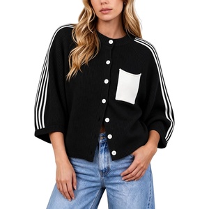 Springrain Women’s Striped Cardigan Crew Neck Button Down Knit Sweater(Black)