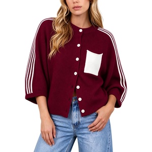 Springrain Women’s Striped Cardigan Crew Neck Button Down Knit Sweater(Burgundy)