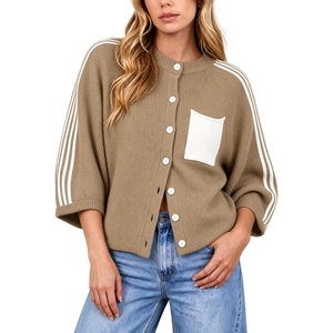 Springrain Women’s Striped Cardigan Crew Neck Button Down Knit Sweater(Khaki)