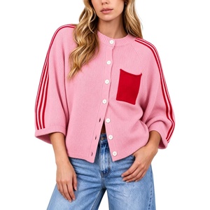 Springrain Women’s Striped Cardigan Crew Neck Button Down Knit Sweater(Pink)