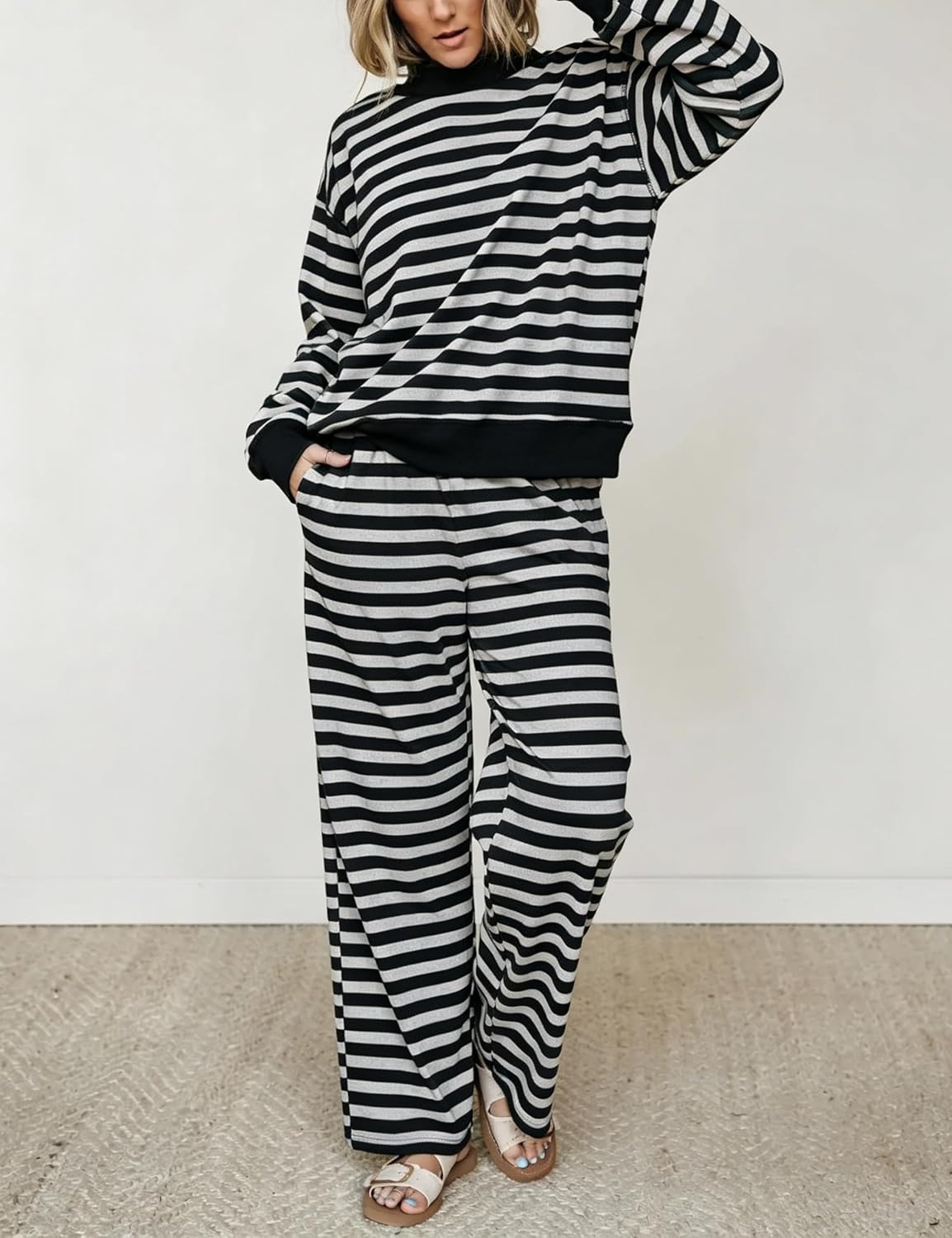 image:imageSpringrain Womens 2 Piece Outfits Striped Fashion Lounge Sets Fall 2026Black