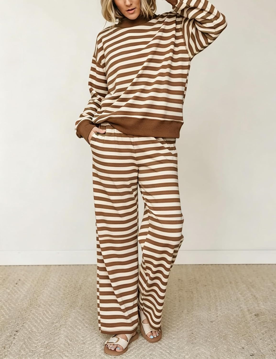 image:imageSpringrain Womens 2 Piece Outfits Striped Fashion Lounge Sets Fall 2026Brown