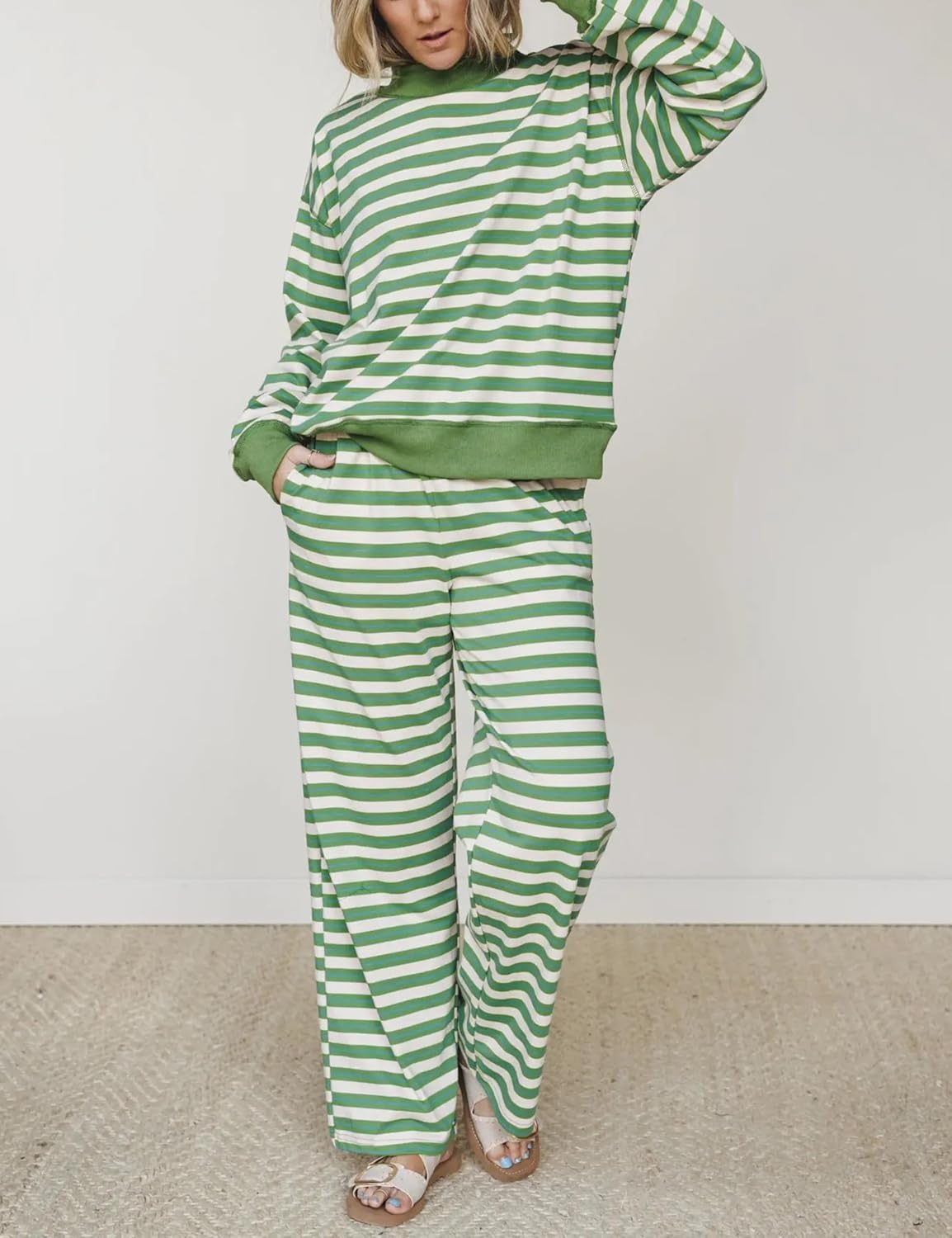 image:imageSpringrain Womens 2 Piece Outfits Striped Fashion Lounge Sets Fall 2026Green