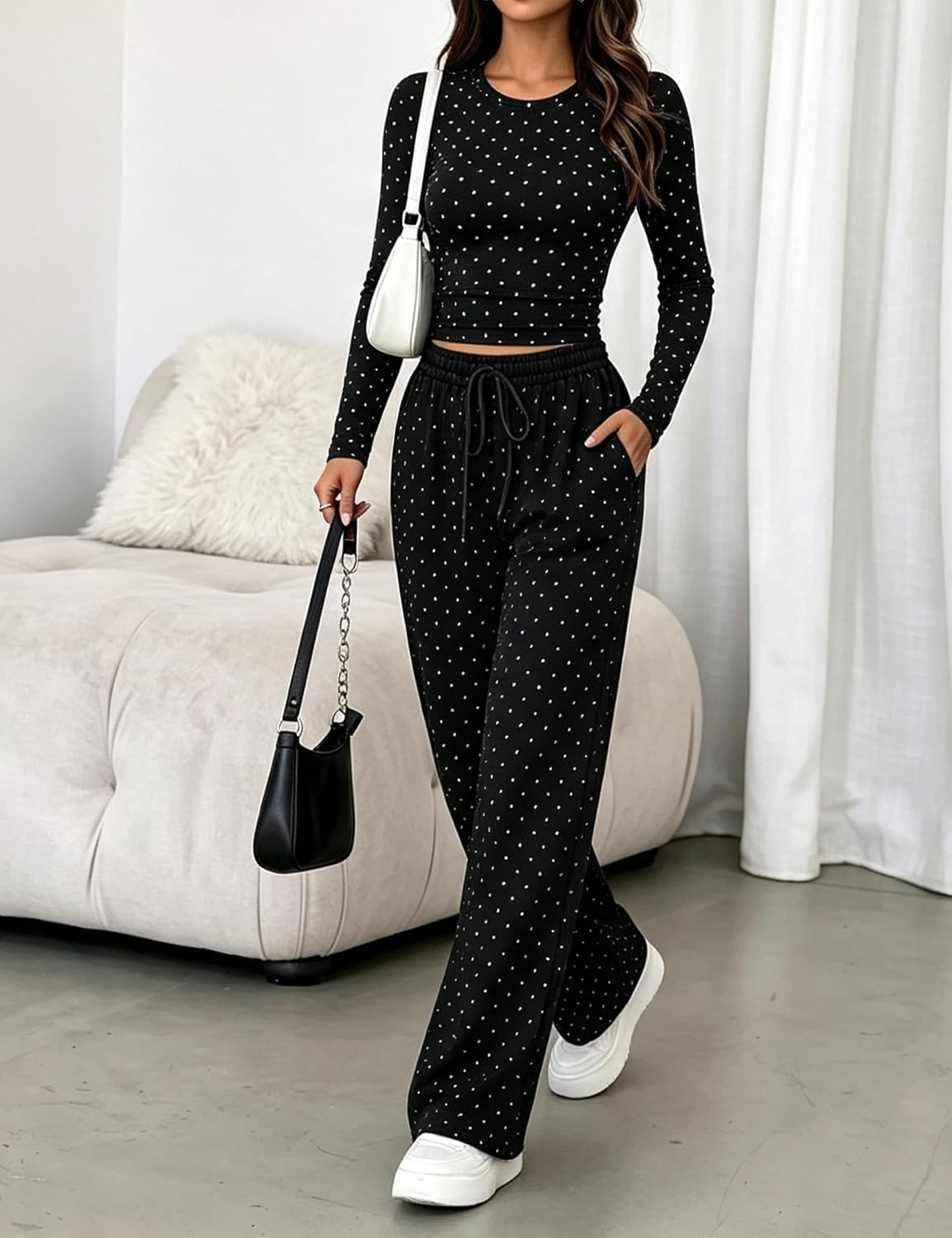 image:imageSpringrain Womens Lounge Sets Women 2 Piece Polka Dot OutfitBlack