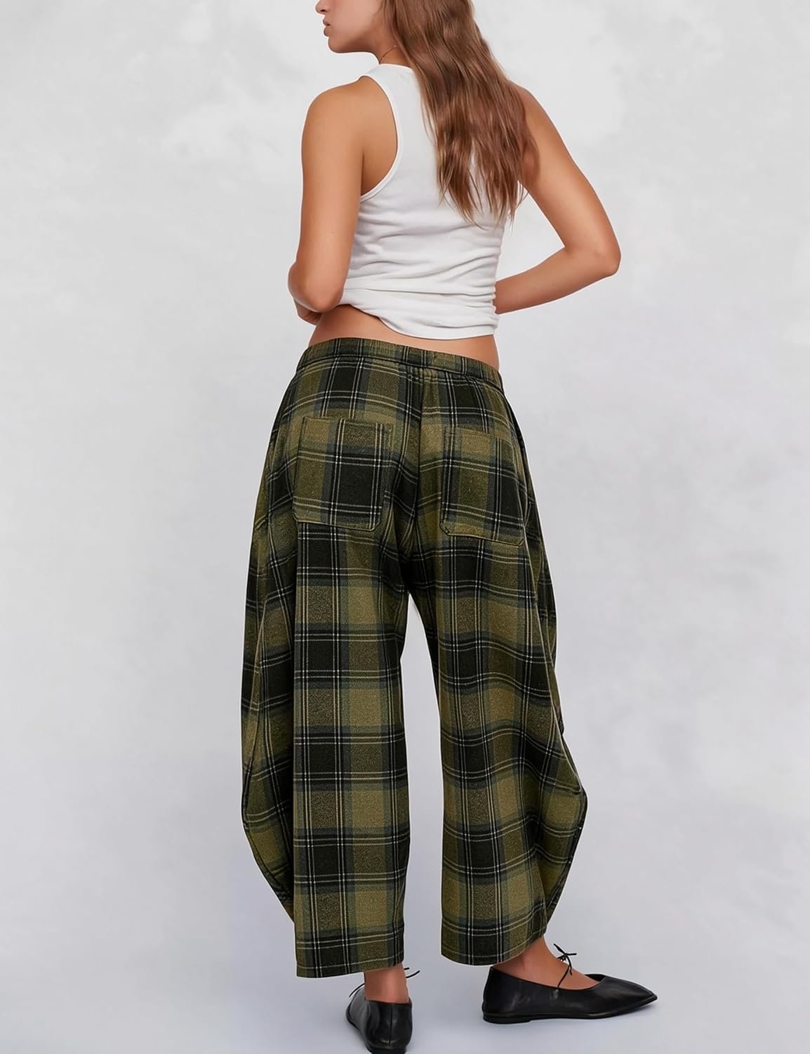 image:imageSpringrain Womens Plaid Wide Leg Pants Fall Winter Flannel TrousersArmygreen