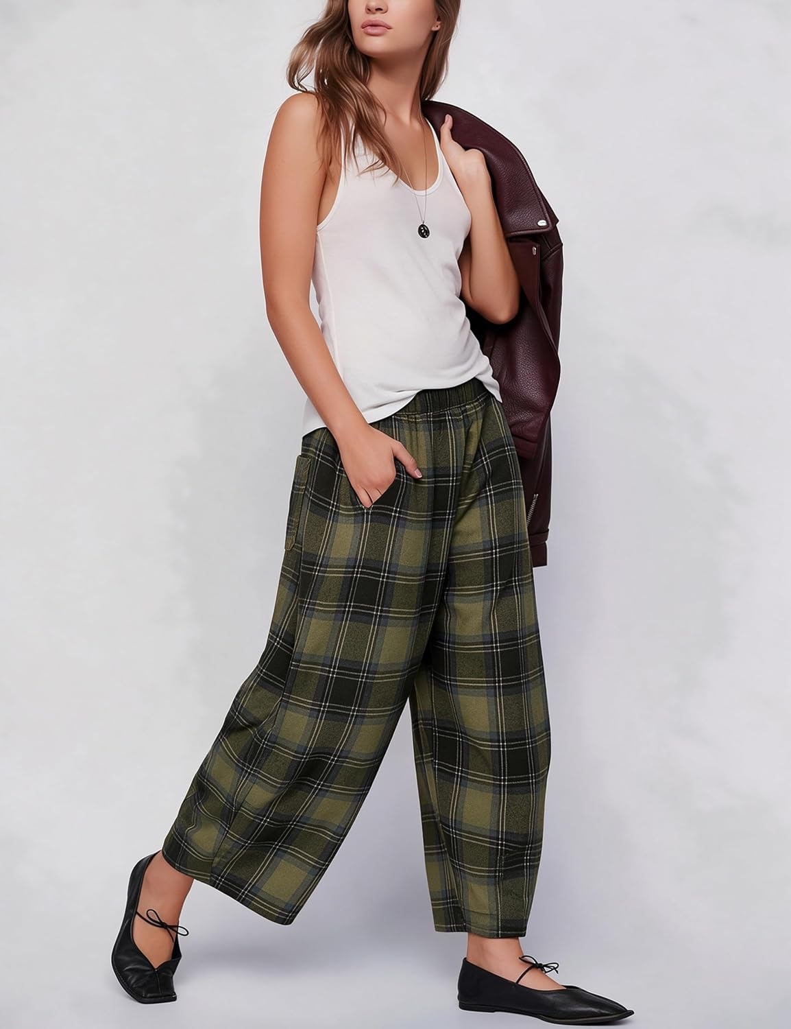 image:imageSpringrain Womens Plaid Wide Leg Pants Fall Winter Flannel TrousersArmygreen