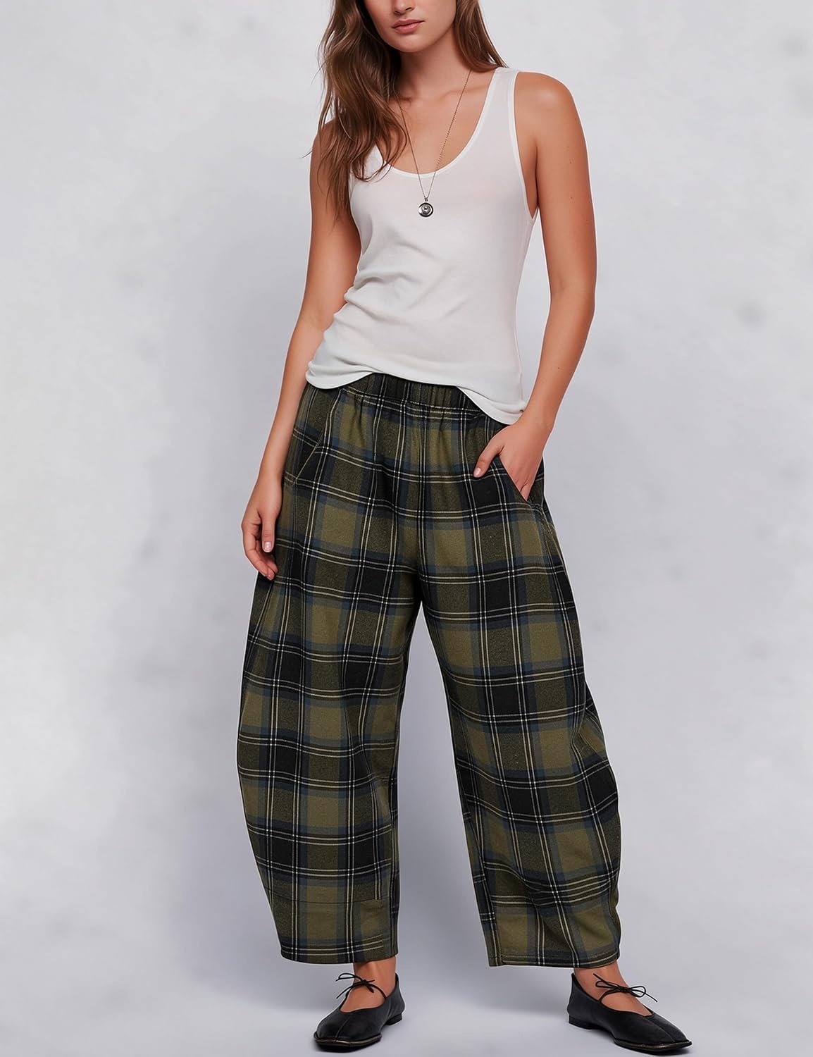 image:imageSpringrain Womens Plaid Wide Leg Pants Fall Winter Flannel TrousersArmygreen