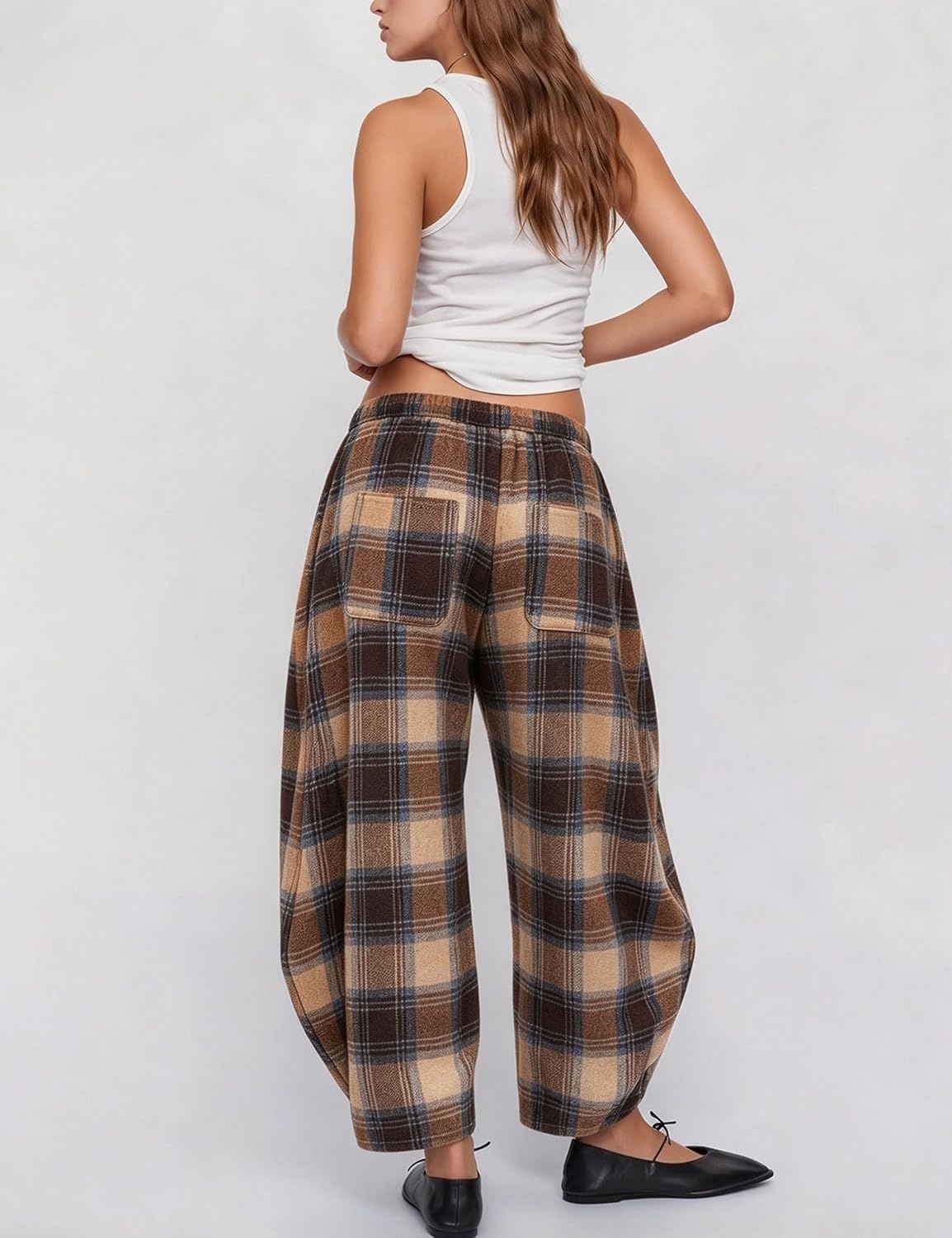 image:imageSpringrain Womens Plaid Wide Leg Pants Fall Winter Flannel TrousersBrown