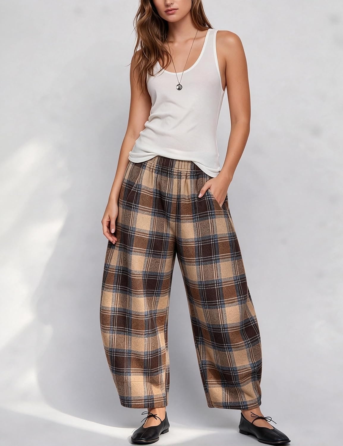 image:imageSpringrain Womens Plaid Wide Leg Pants Fall Winter Flannel TrousersBrown
