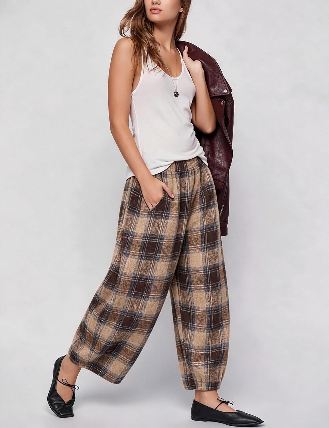 image:imageSpringrain Womens Plaid Wide Leg Pants Fall Winter Flannel TrousersBrown