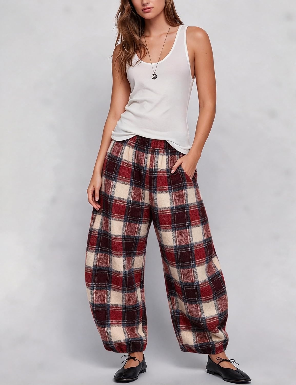 image:imageSpringrain Womens Plaid Wide Leg Pants Fall Winter Flannel TrousersRed