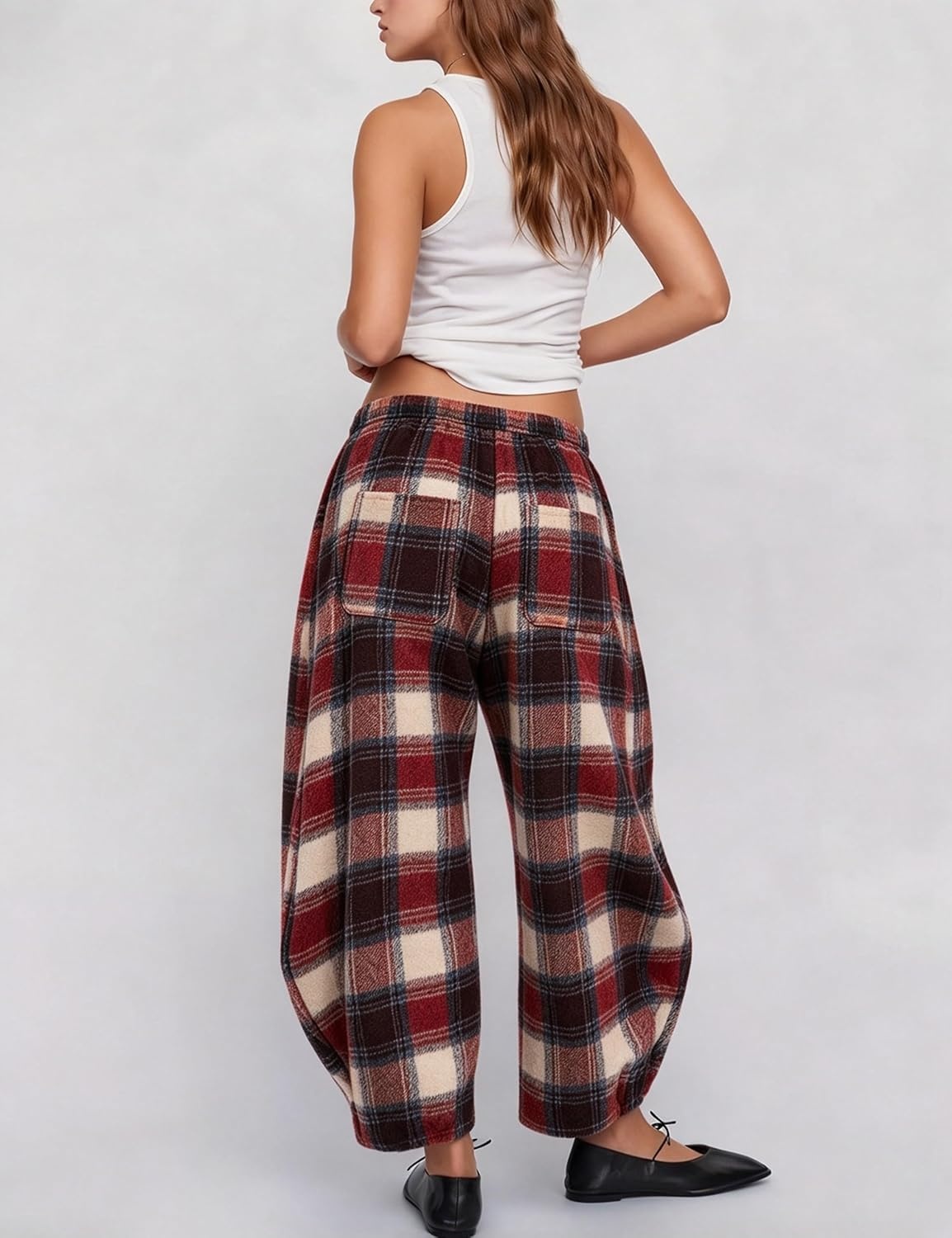 image:imageSpringrain Womens Plaid Wide Leg Pants Fall Winter Flannel TrousersRed