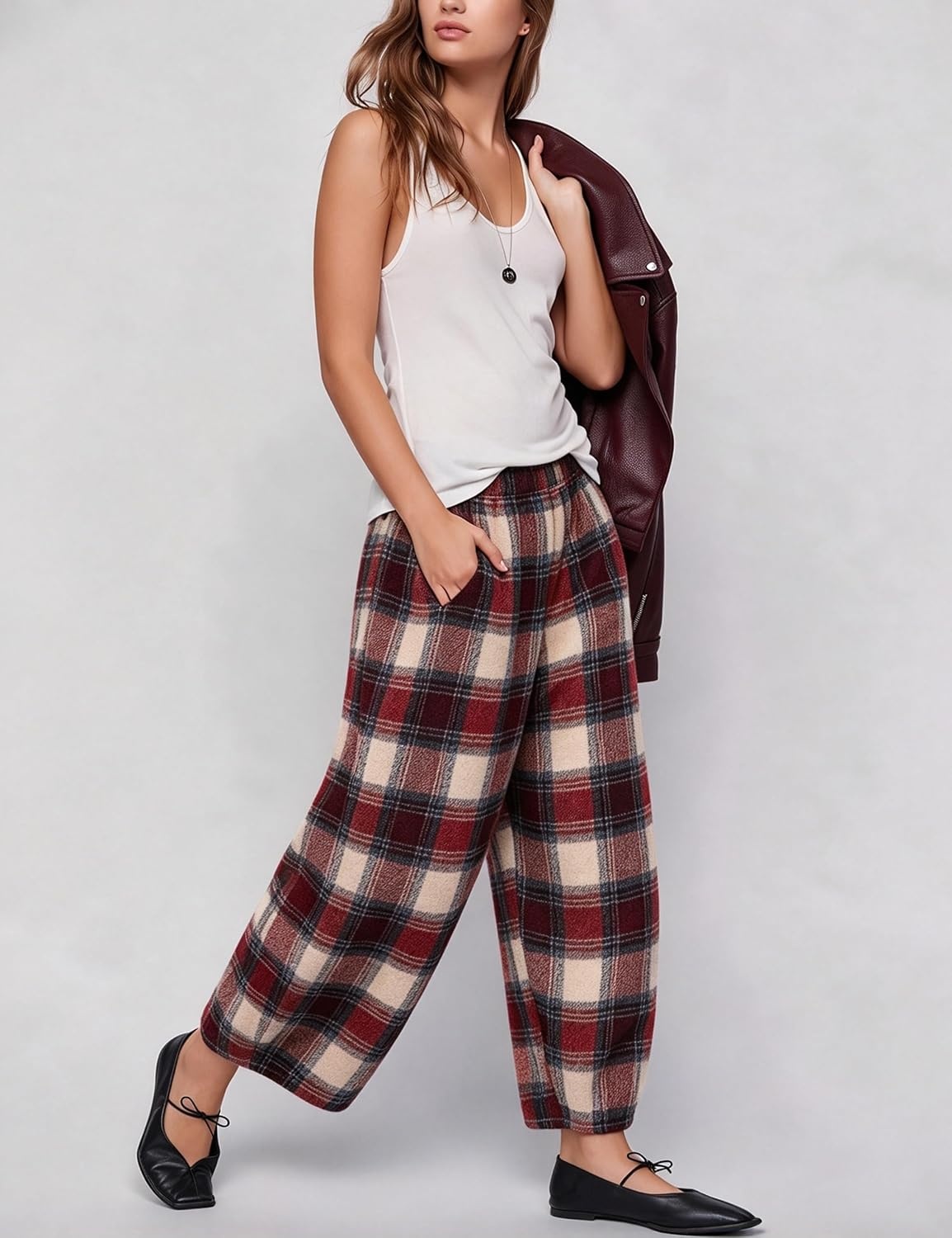 image:imageSpringrain Womens Plaid Wide Leg Pants Fall Winter Flannel TrousersRed