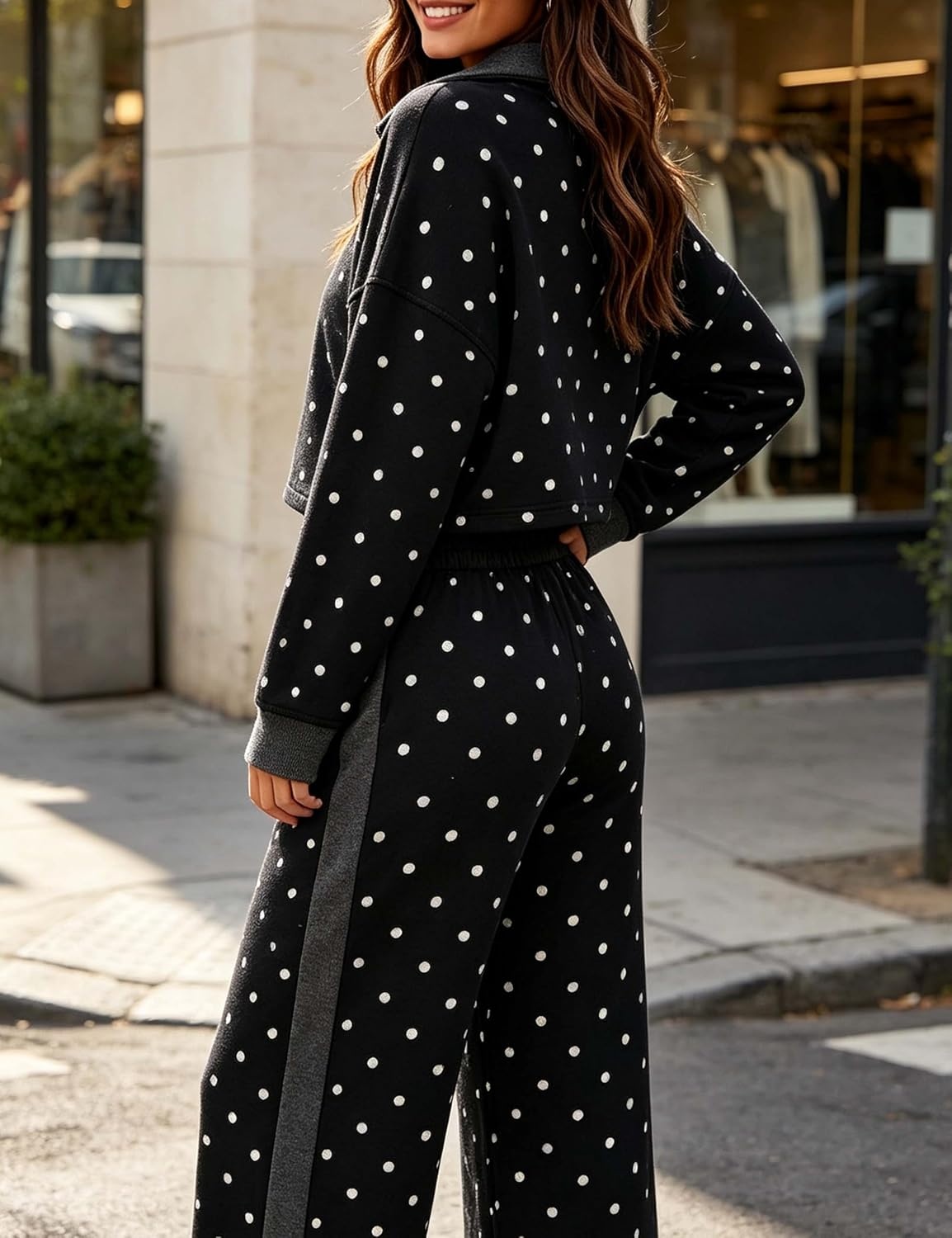 image:imageSpringrain Womens Polka Dot 2 Piece Outfit Half Zip Top Wide Leg PantsBlack
