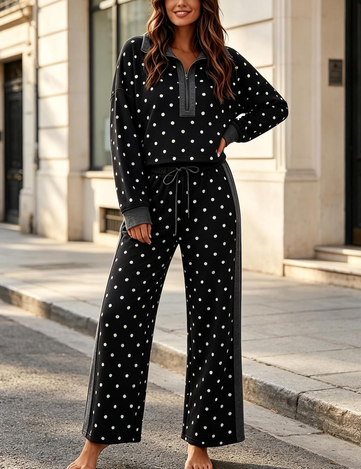 image:imageSpringrain Womens Polka Dot 2 Piece Outfit Half Zip Top Wide Leg PantsBlack