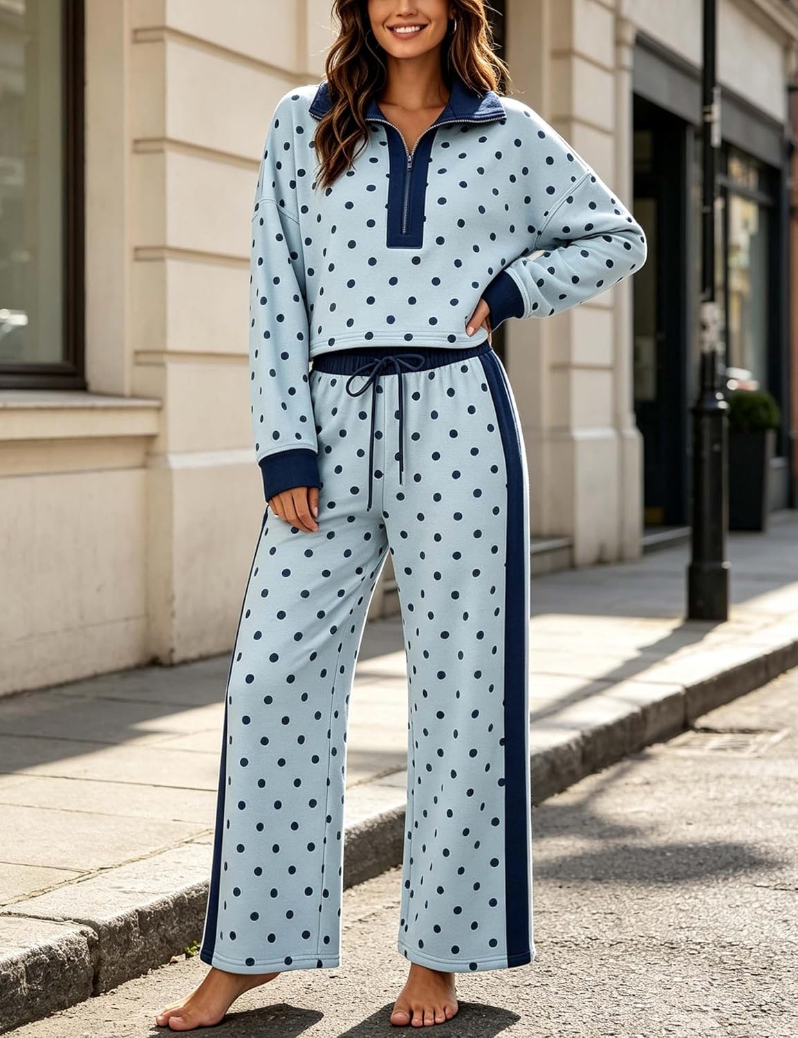 image:imageSpringrain Womens Polka Dot 2 Piece Outfit Half Zip Top Wide Leg PantsBlue
