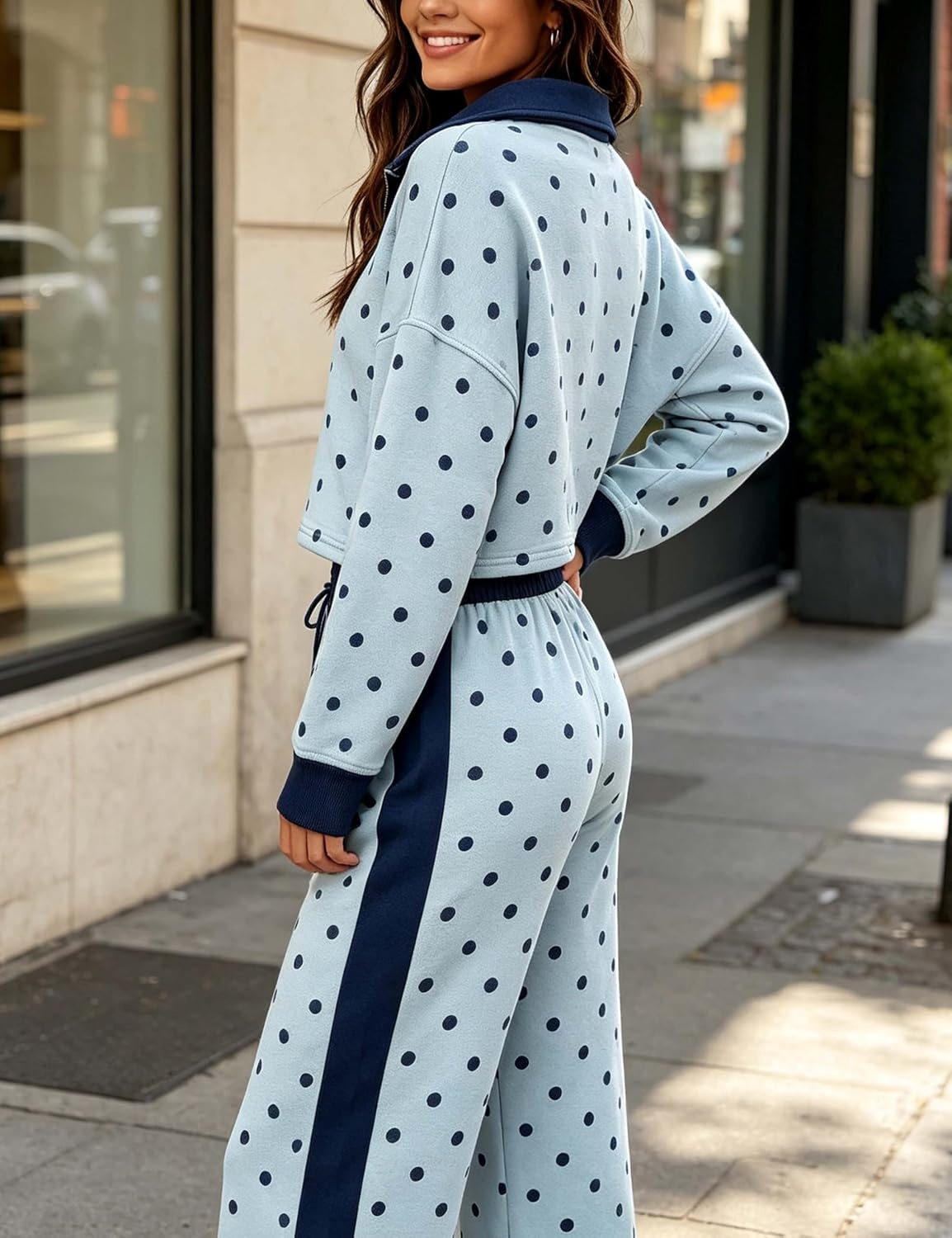 image:imageSpringrain Womens Polka Dot 2 Piece Outfit Half Zip Top Wide Leg PantsBlue