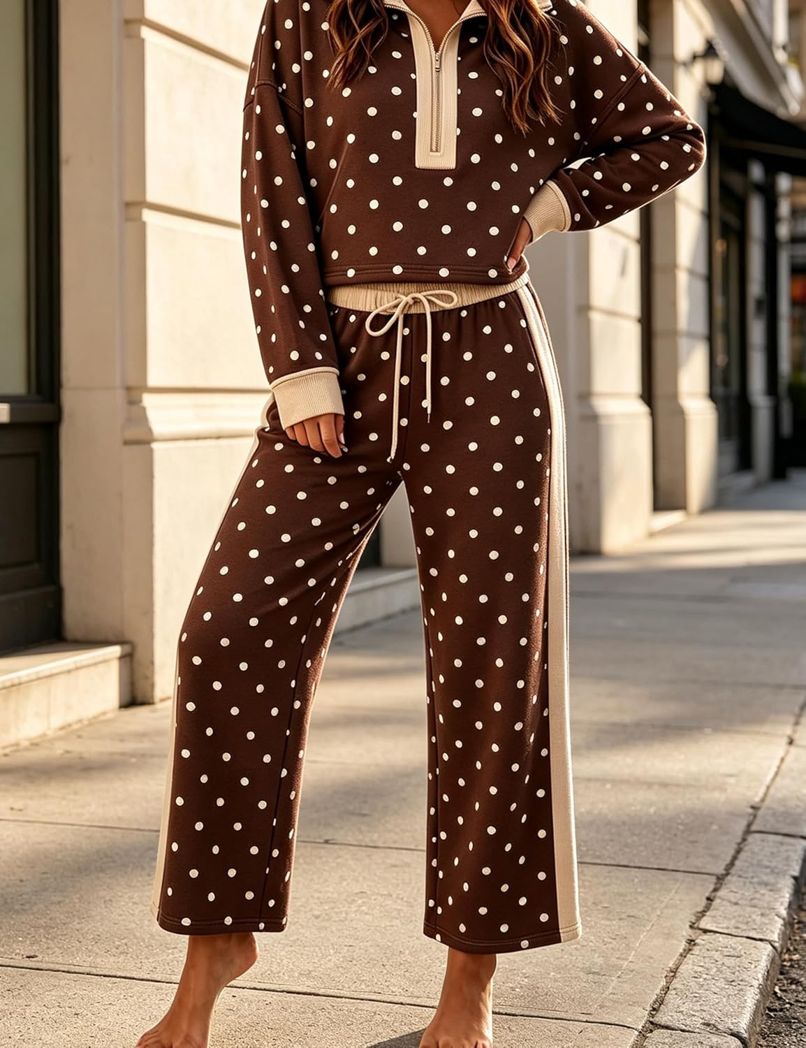image:imageSpringrain Womens Polka Dot 2 Piece Outfit Half Zip Top Wide Leg PantsCoffee