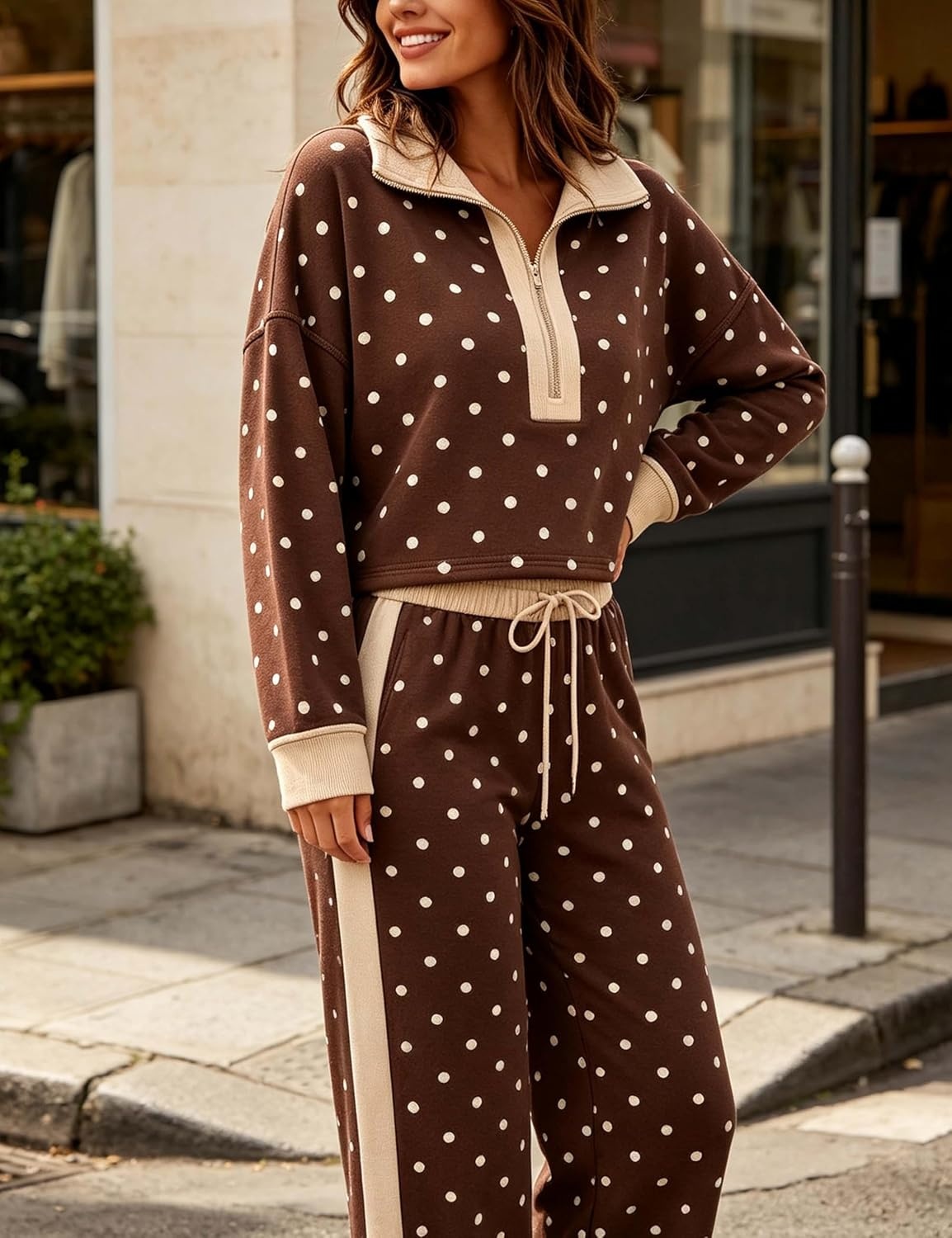 image:imageSpringrain Womens Polka Dot 2 Piece Outfit Half Zip Top Wide Leg PantsCoffee