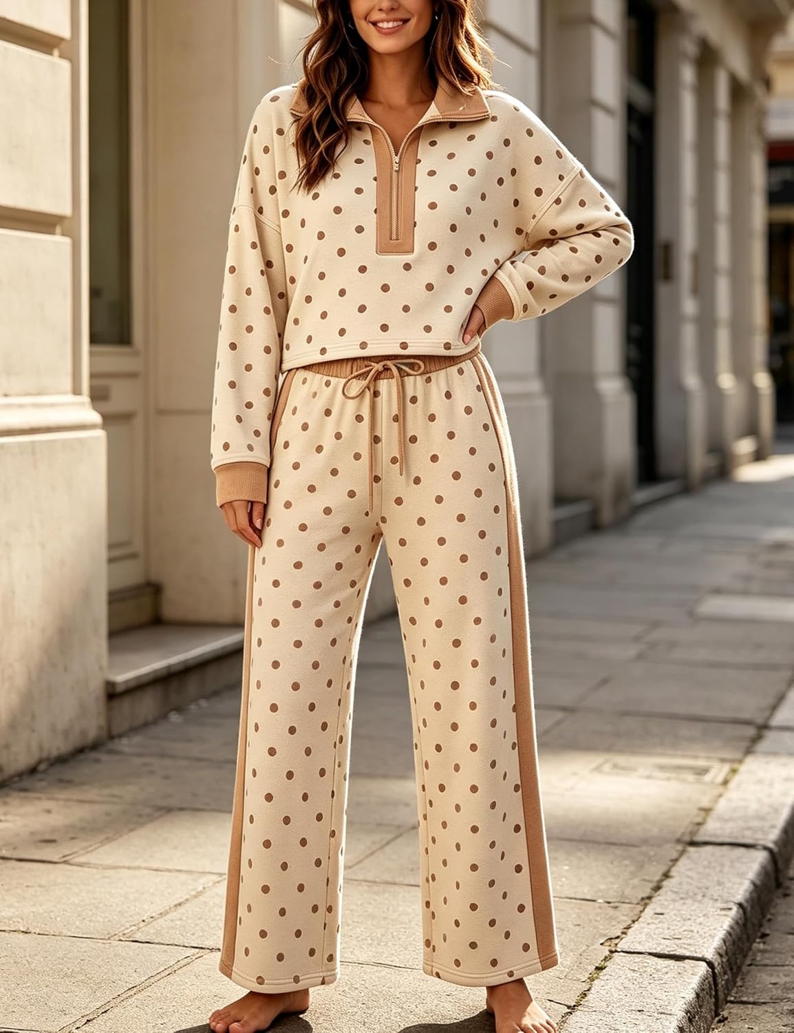 image:imageSpringrain Womens Polka Dot 2 Piece Outfit Half Zip Top Wide Leg PantsKhaki