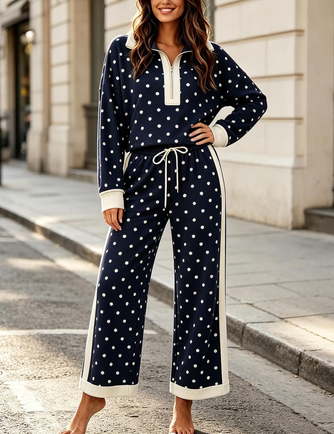 image:imageSpringrain Womens Polka Dot 2 Piece Outfit Half Zip Top Wide Leg PantsNavy