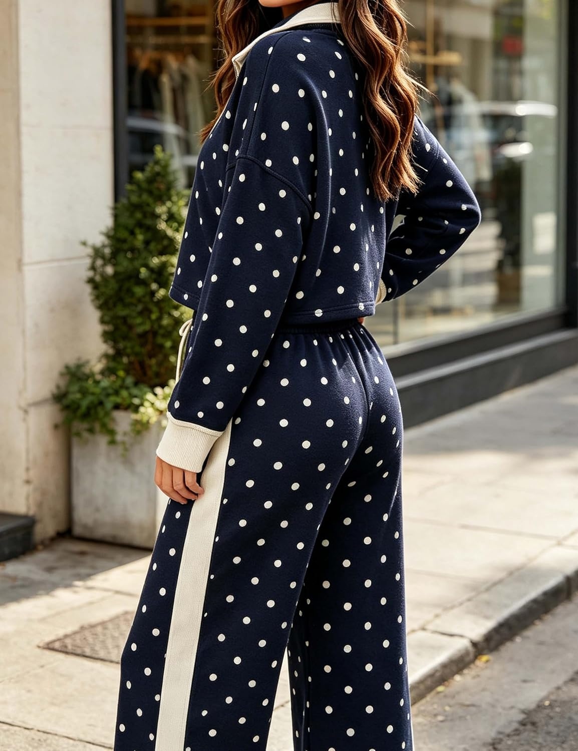 image:imageSpringrain Womens Polka Dot 2 Piece Outfit Half Zip Top Wide Leg PantsNavy