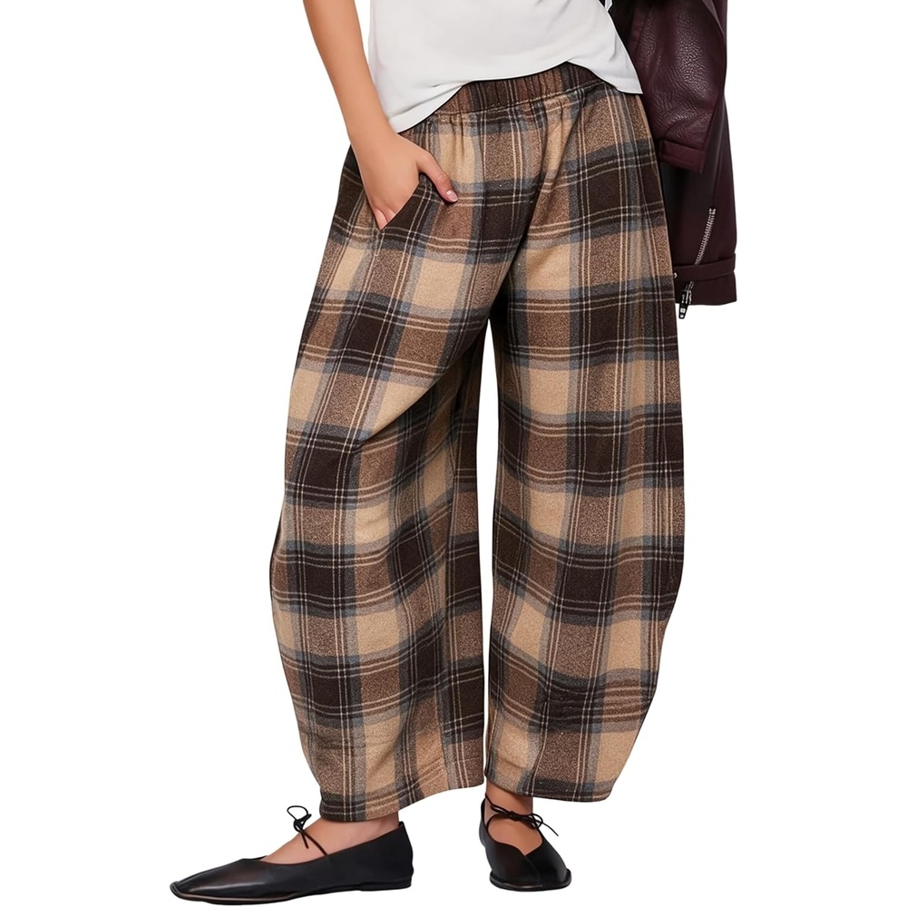 image:imageSpringrain Womens Plaid Wide Leg Pants Fall Winter Flannel TrousersBrown