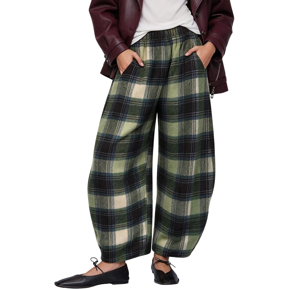 image:imageSpringrain Womens Plaid Wide Leg Pants Fall Winter Flannel TrousersGreen