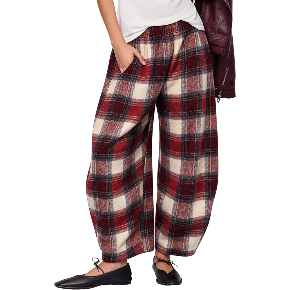 image:imageSpringrain Womens Plaid Wide Leg Pants Fall Winter Flannel TrousersRed