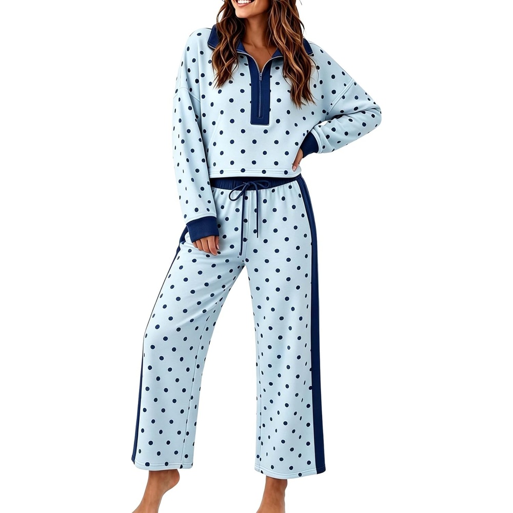 image:imageSpringrain Womens Polka Dot 2 Piece Outfit Half Zip Top Wide Leg PantsBlue