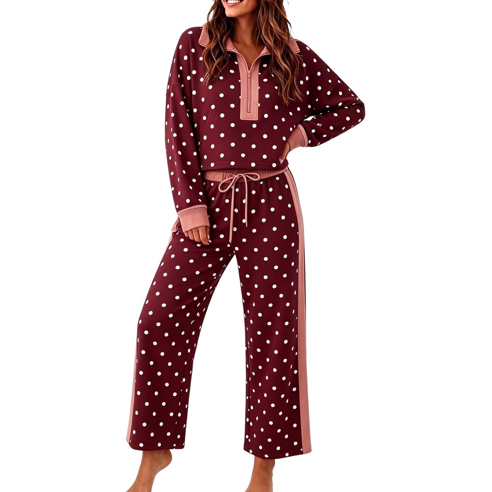 image:imageSpringrain Womens Polka Dot 2 Piece Outfit Half Zip Top Wide Leg PantsBurgundy