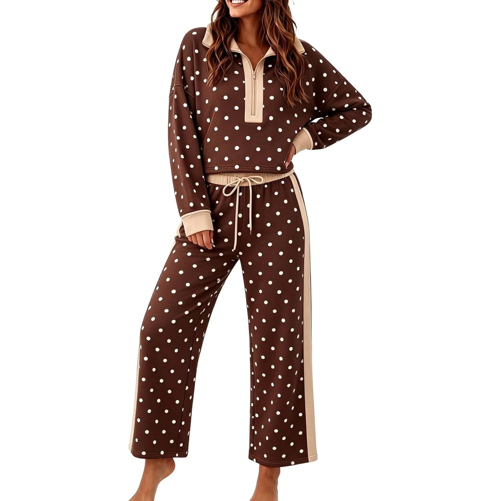 image:imageSpringrain Womens Polka Dot 2 Piece Outfit Half Zip Top Wide Leg PantsCoffee