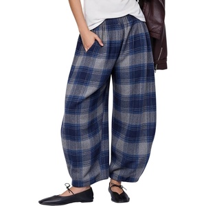 Springrain Women’s Plaid Wide Leg Pants Fall Winter Flannel Trousers(Bluegrey)