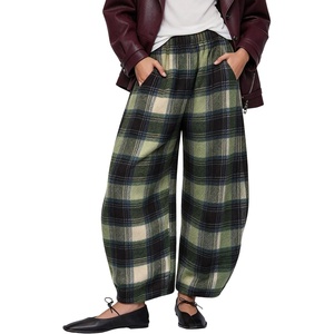 Springrain Women’s Plaid Wide Leg Pants Fall Winter Flannel Trousers(Green)