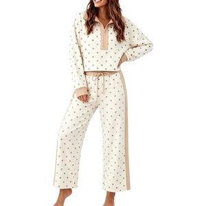 Springrain Women’s Polka Dot 2 Piece Outfit Half Zip Top Wide Leg Pants(Beige)