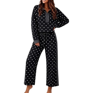 Springrain Women’s Polka Dot 2 Piece Outfit Half Zip Top Wide Leg Pants(Black)