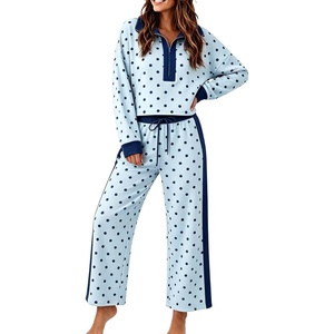 Springrain Women’s Polka Dot 2 Piece Outfit Half Zip Top Wide Leg Pants(Blue)