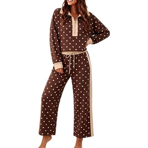 Springrain Women’s Polka Dot 2 Piece Outfit Half Zip Top Wide Leg Pants(Coffee)