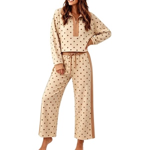 Springrain Women’s Polka Dot 2 Piece Outfit Half Zip Top Wide Leg Pants(Khaki)