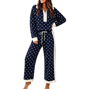 Springrain Women’s Polka Dot 2 Piece Outfit Half Zip Top Wide Leg Pants(Navy)