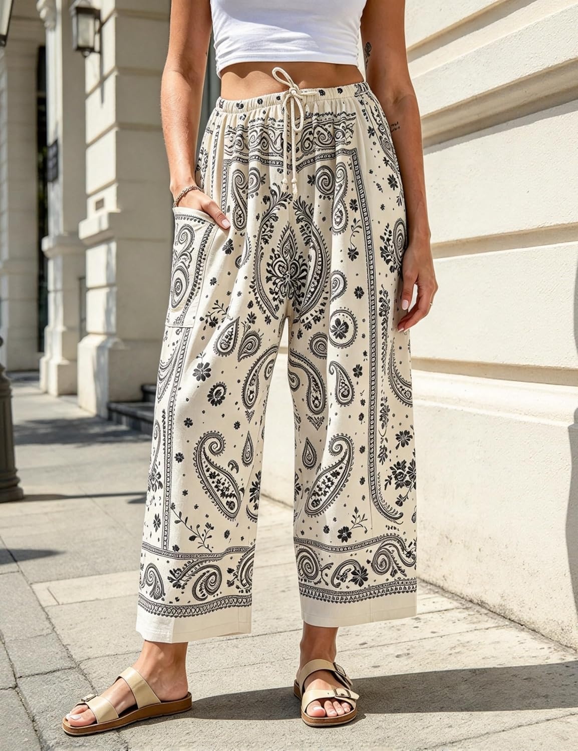 image:imageSpringrain Womens Paisley Wide Leg Pants Baggy Palazzo Lounge TrousersBeige