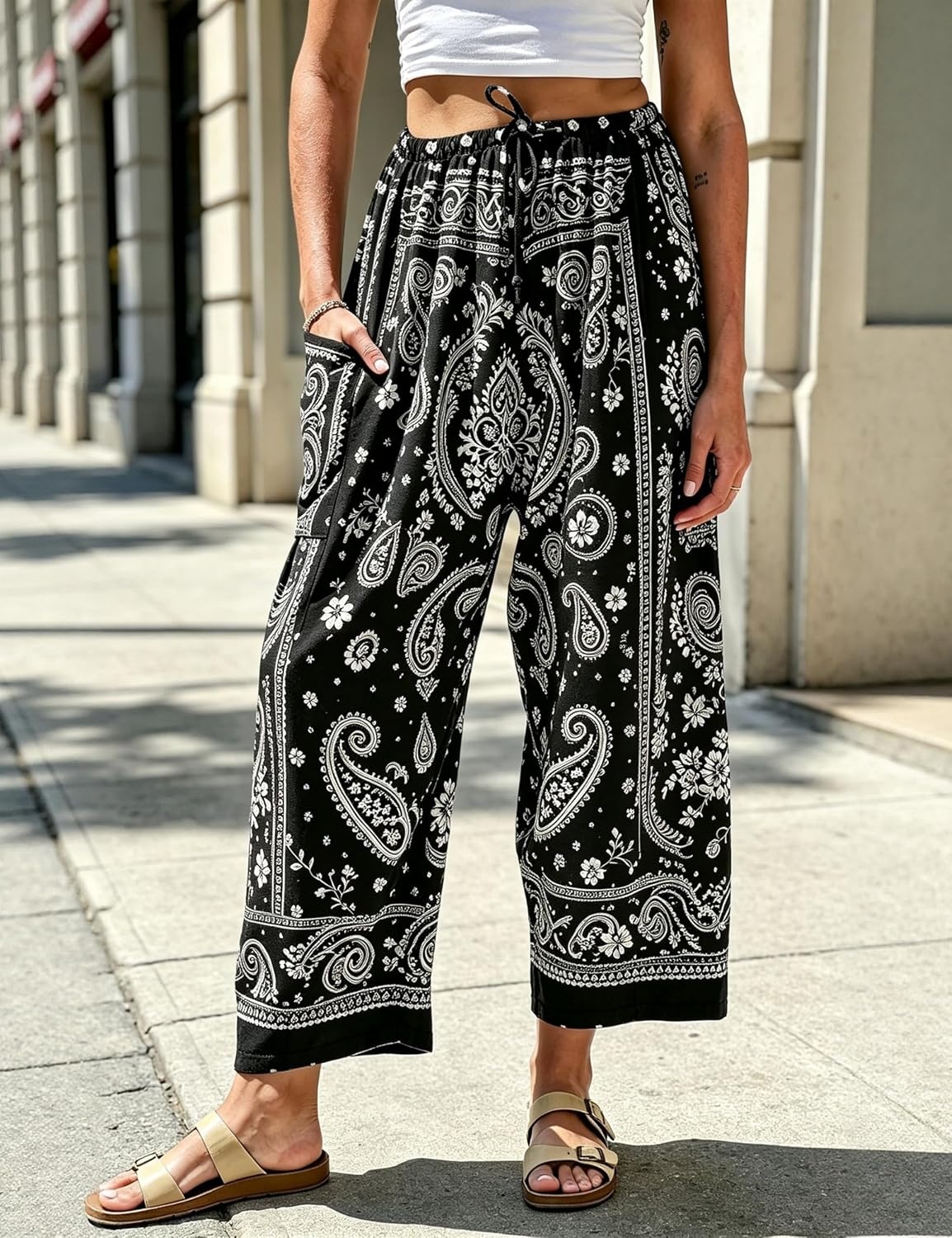 image:imageSpringrain Womens Paisley Wide Leg Pants Baggy Palazzo Lounge TrousersBlack