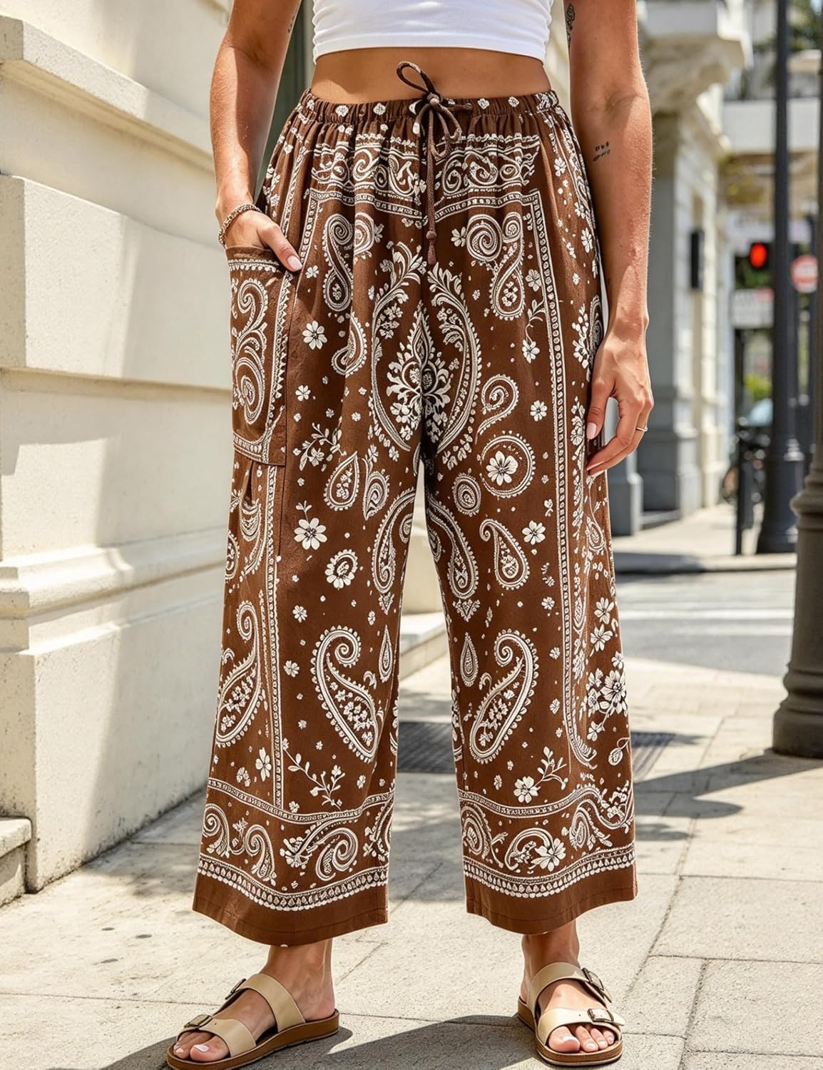 image:imageSpringrain Womens Paisley Wide Leg Pants Baggy Palazzo Lounge TrousersBrown