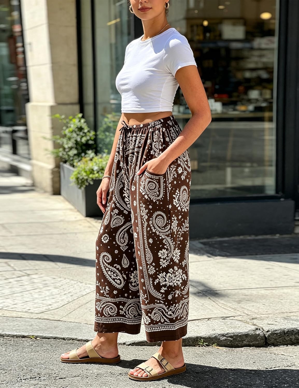 image:imageSpringrain Womens Paisley Wide Leg Pants Baggy Palazzo Lounge TrousersCoffee
