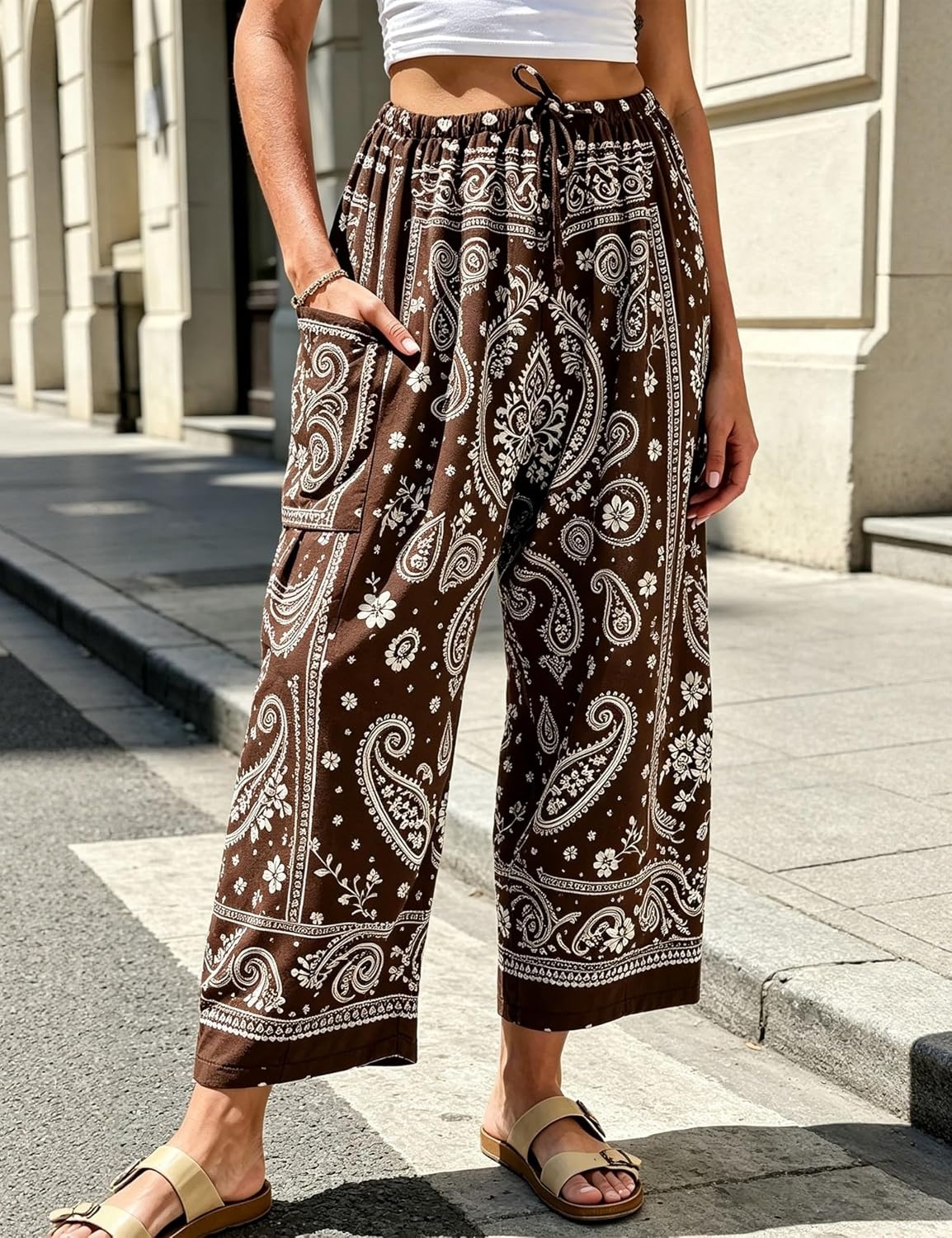 image:imageSpringrain Womens Paisley Wide Leg Pants Baggy Palazzo Lounge TrousersCoffee