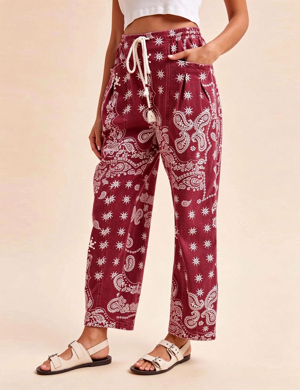 image:imageSpringrainnbspWomensnbspBandananbspPrintnbspBarrelnbspPantsnbspWidenbspLegnbspDrawstringnbspTrousersBurgundy