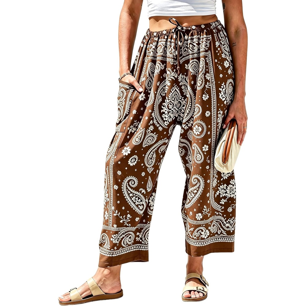 image:imageSpringrain Womens Paisley Wide Leg Pants Baggy Palazzo Lounge TrousersBrown