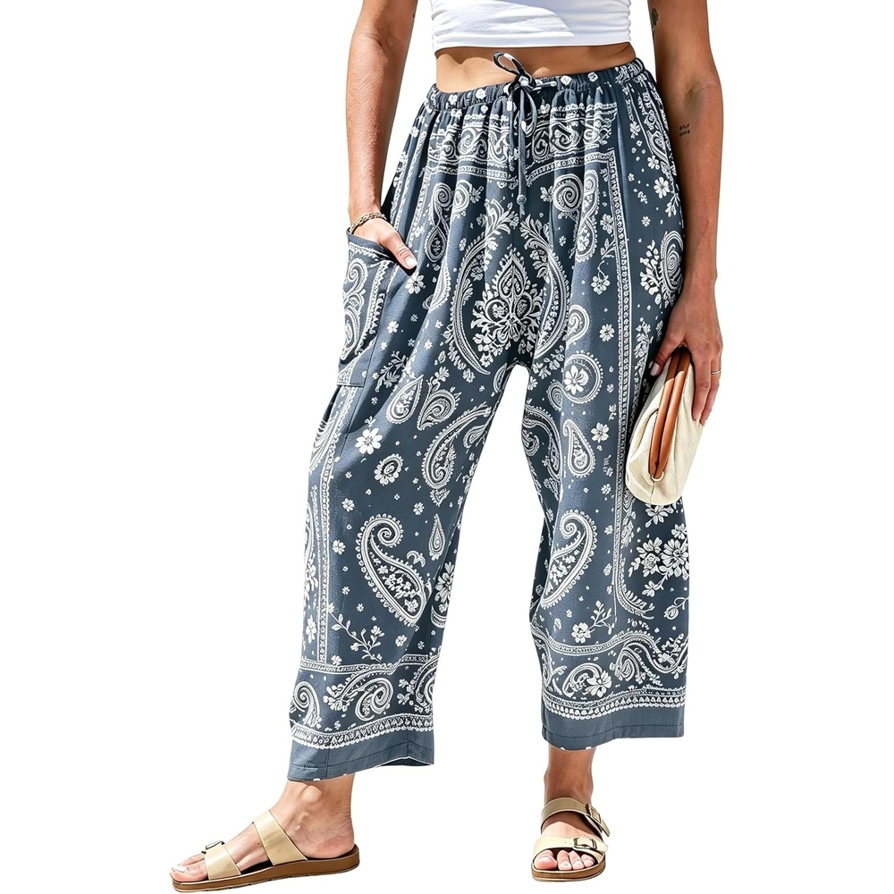image:imageSpringrain Womens Paisley Wide Leg Pants Baggy Palazzo Lounge TrousersDustyblue
