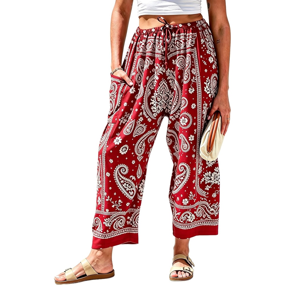 image:imageSpringrain Womens Paisley Wide Leg Pants Baggy Palazzo Lounge TrousersRed