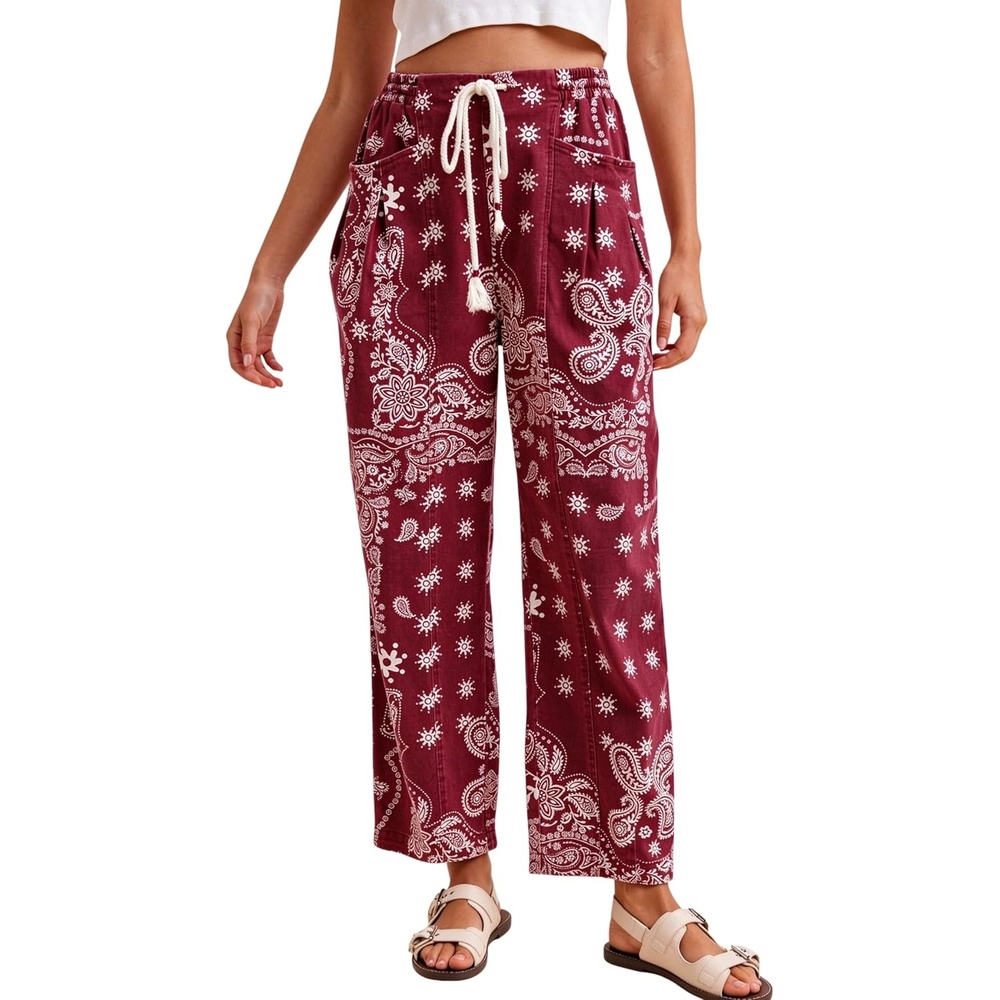 image:imageSpringrainnbspWomensnbspBandananbspPrintnbspBarrelnbspPantsnbspWidenbspLegnbspDrawstringnbspTrousersBurgundy